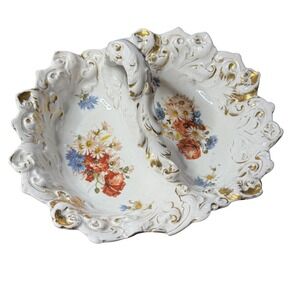 Vintage Floral Trinket Candy Dish Bon Bon Bowl Gold Trim‎ Handle Serving Decor